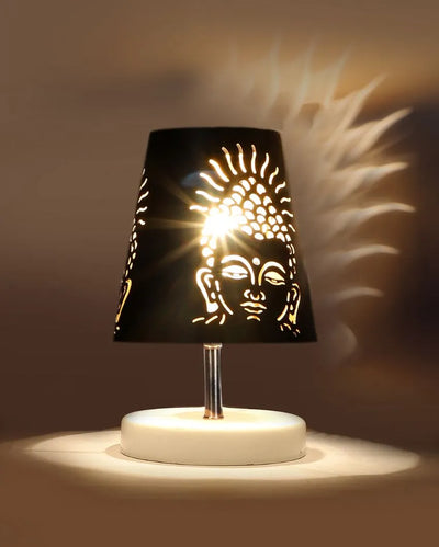 Buddha Ji Metal Etching Table Lamp With White Wood Round Base