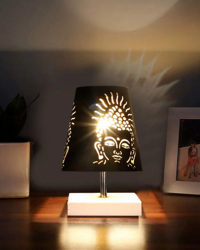 Buddha Ji  Metal Etching Table Lamp With White Wood Square Base