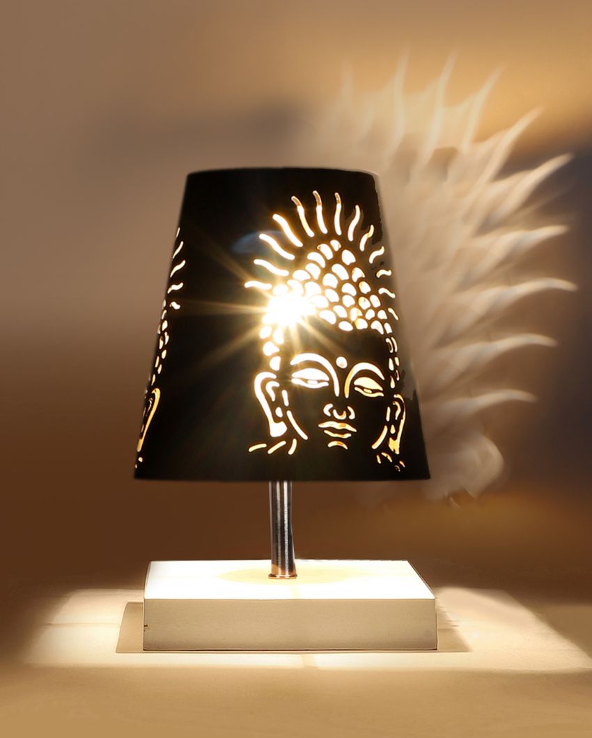 Buddha Ji  Metal Etching Table Lamp With White Wood Square Base
