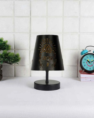 Buddha Ji Metal Etching Table Lamp With Black Wood Round Base