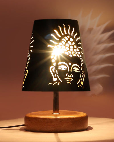 Buddha Ji Metal Etching Table Lamp With Natural Wood Round Base