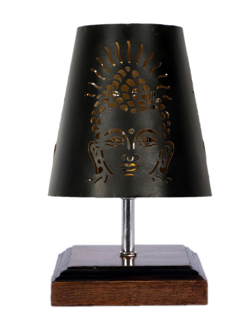 Buddha Ji  Metal Etching Table Lamp With Brown Wood Square Base