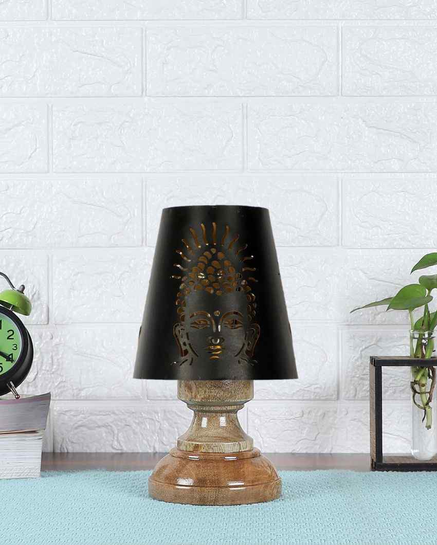 Buddha Ji Metal Etching Table Lamp With Natural Wood High Round Base