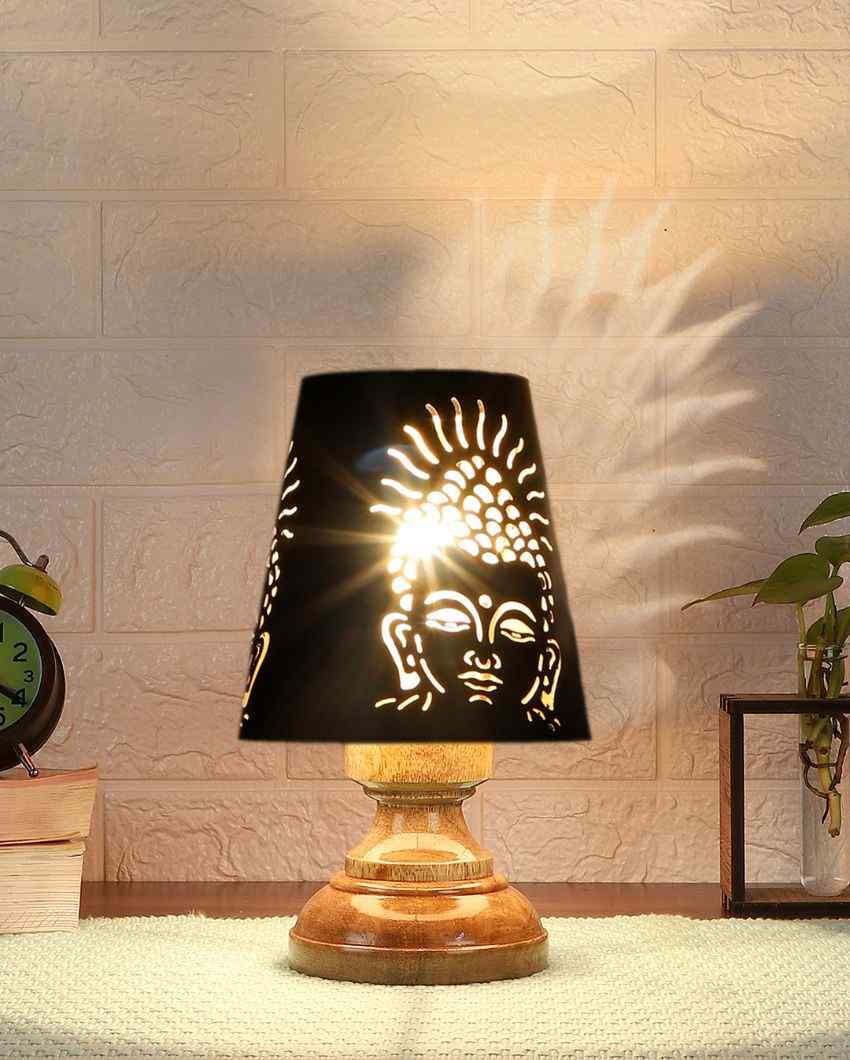 Buddha Ji Metal Etching Table Lamp With Natural Wood High Round Base