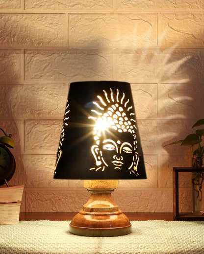 Buddha Ji Metal Etching Table Lamp With Natural Wood High Round Base