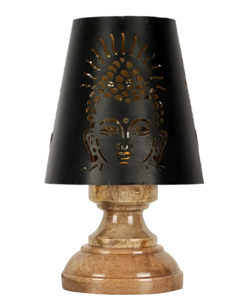 Buddha Ji Metal Etching Table Lamp With Natural Wood High Round Base