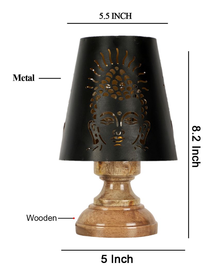 Buddha Ji Metal Etching Table Lamp With Natural Wood High Round Base