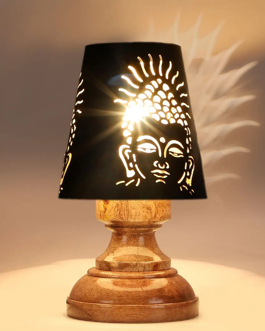 Buddha Ji Metal Etching Table Lamp With Natural Wood High Round Base