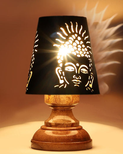 Buddha Ji Metal Etching Table Lamp With Natural Wood High Round Base