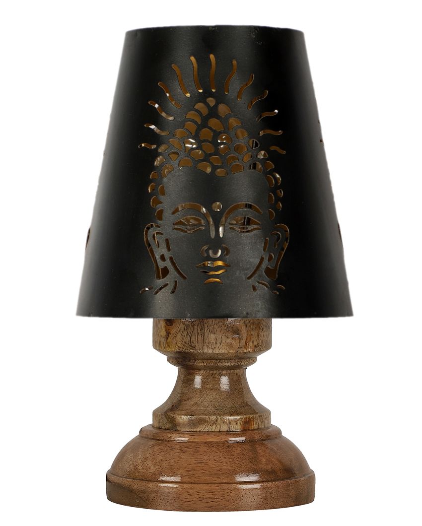 Buddha Ji Metal Etching Table Lamp With Natural Wood High Round Base