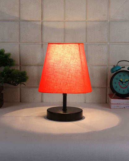 Cotton Round Wooden Black Base Table Lamp Orange