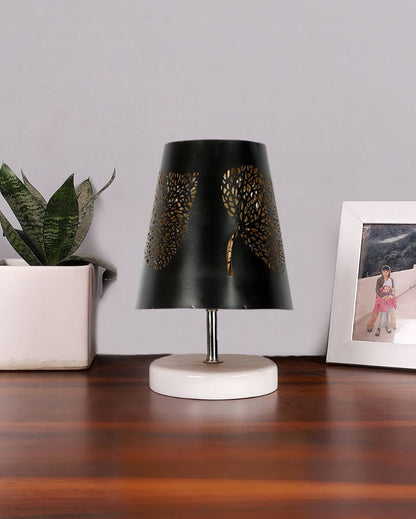 Leaf Metal Etching Table Lamp With White Wood Round Base