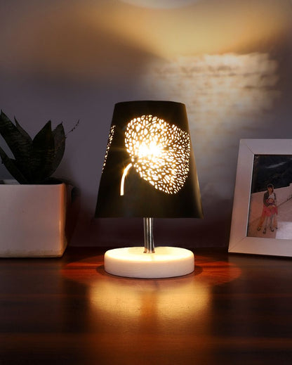 Leaf Metal Etching Table Lamp With White Wood Round Base