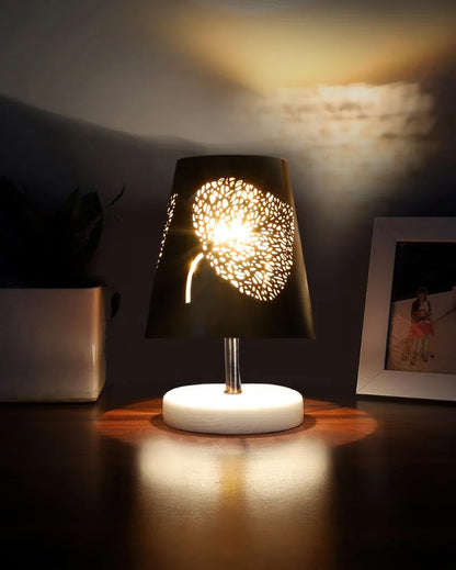 Leaf Metal Etching Table Lamp With White Wood Round Base