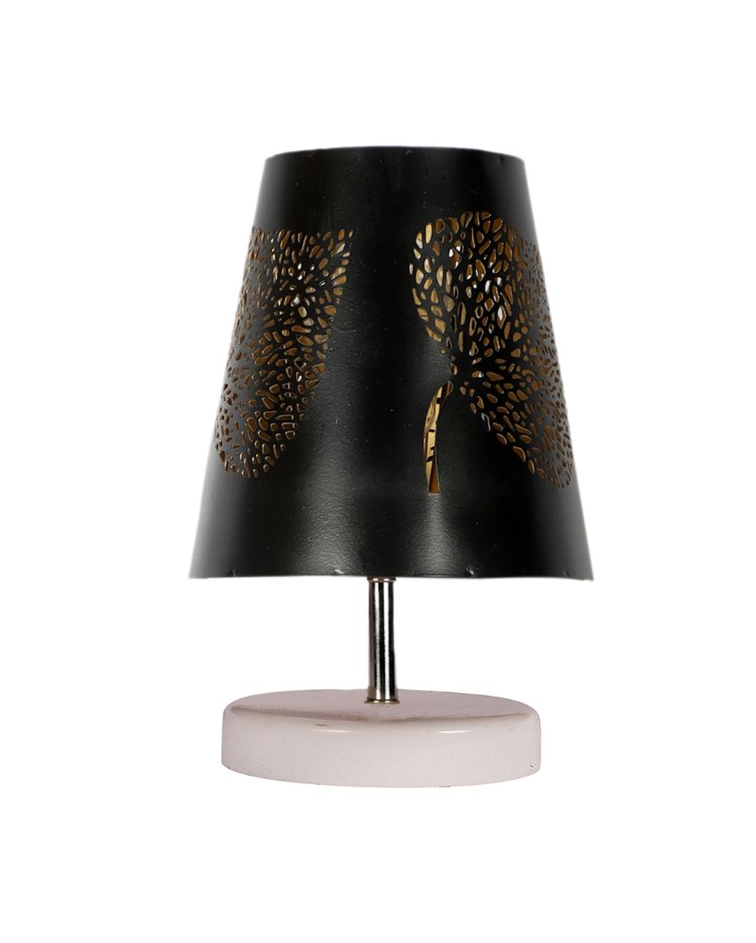 Leaf Metal Etching Table Lamp With White Wood Round Base