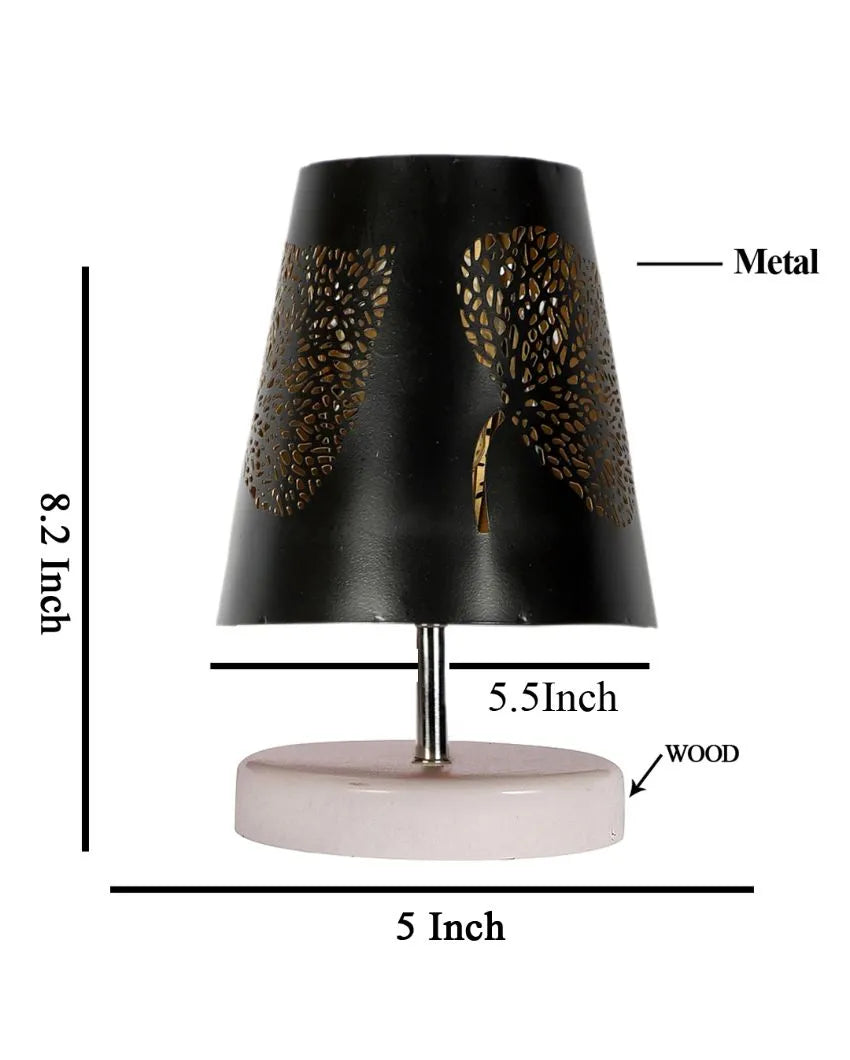 Leaf Metal Etching Table Lamp With White Wood Round Base