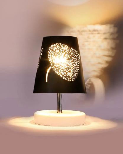 Leaf Metal Etching Table Lamp With White Wood Round Base