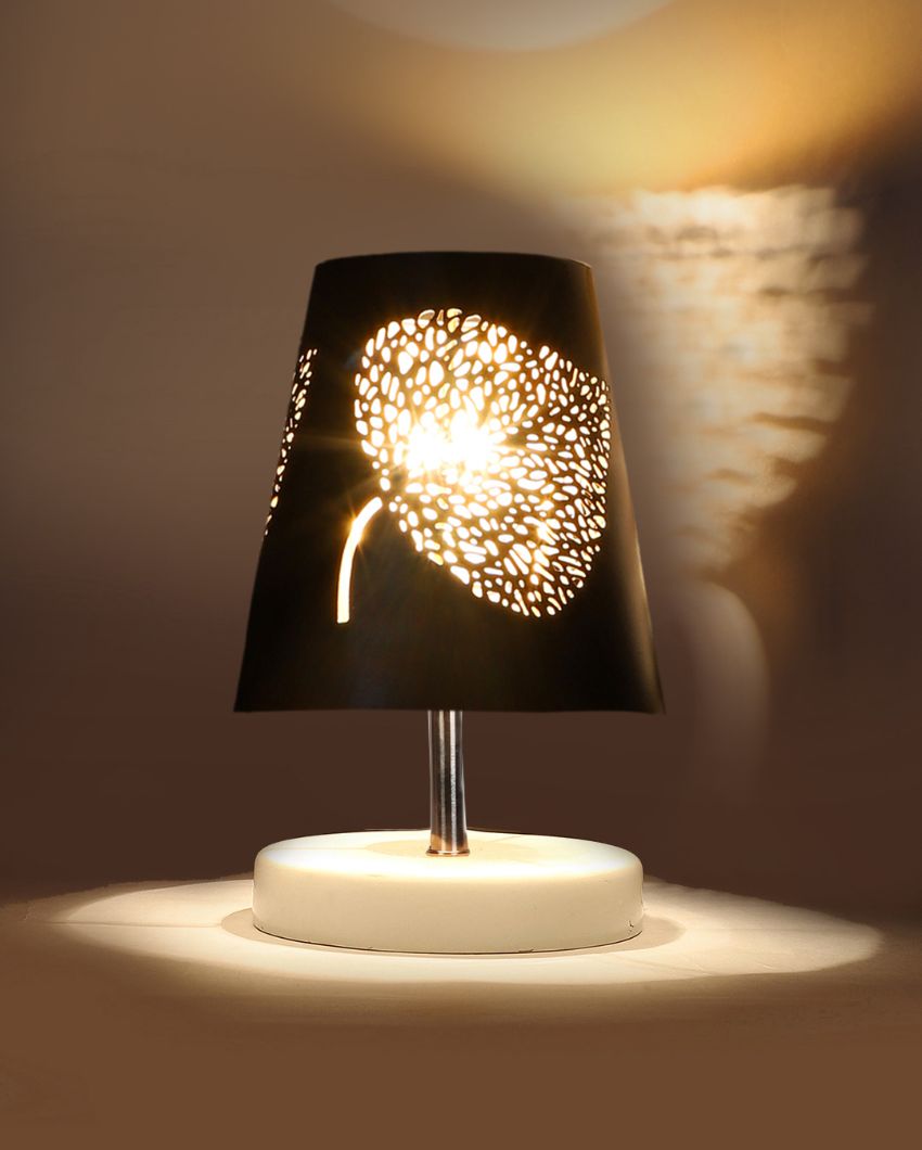 Leaf Metal Etching Table Lamp With White Wood Round Base