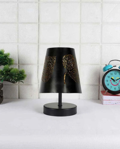 Leaf Metal Etching Table Lamp With Black Wood Round Base