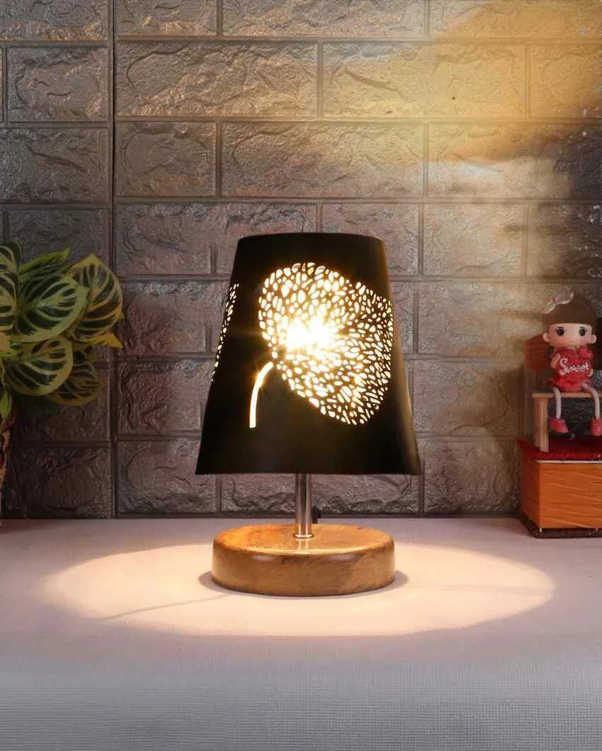 Leaf Metal Etching Table Lamp With Natural Wood Round Base