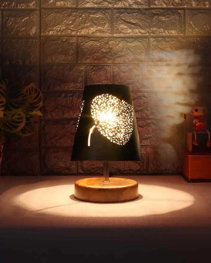 Leaf Metal Etching Table Lamp With Natural Wood Round Base