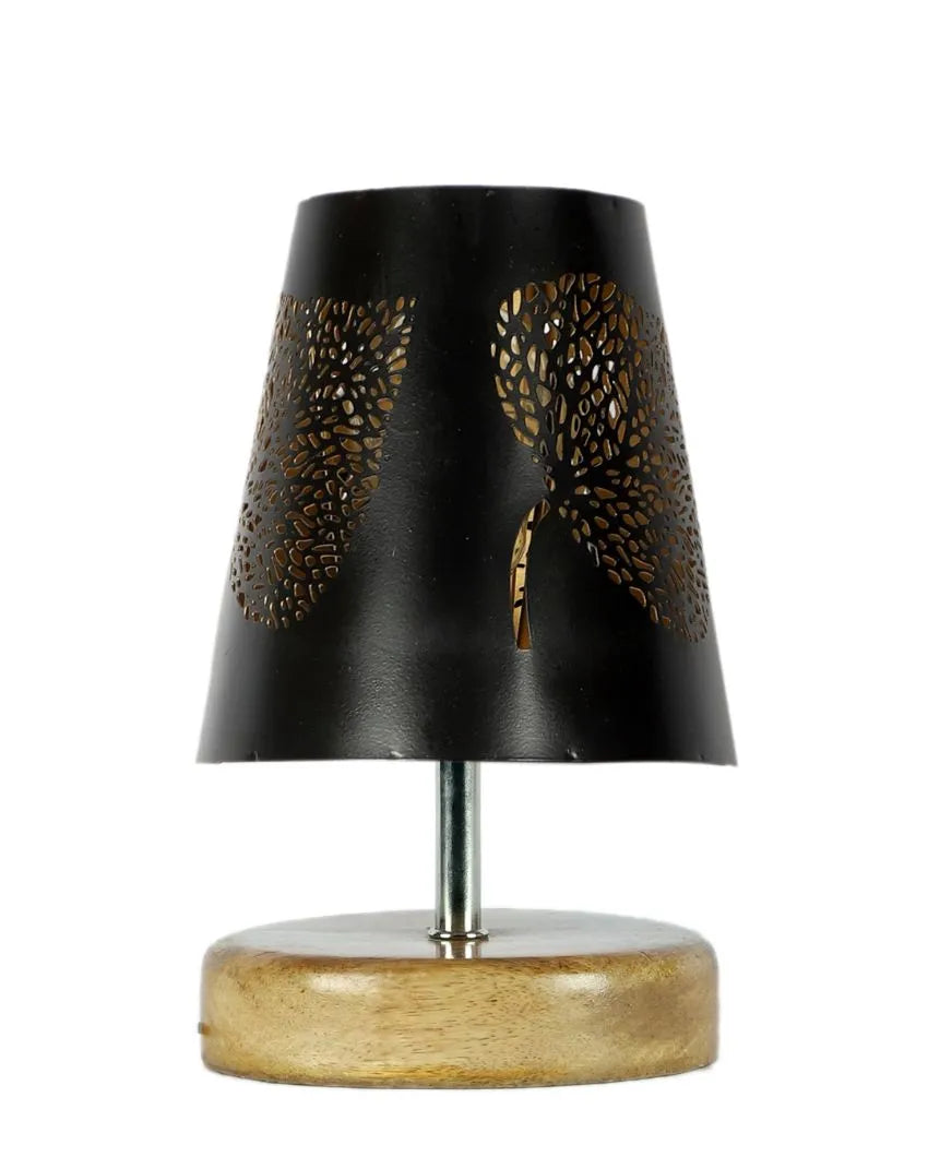 Leaf Metal Etching Table Lamp With Natural Wood Round Base