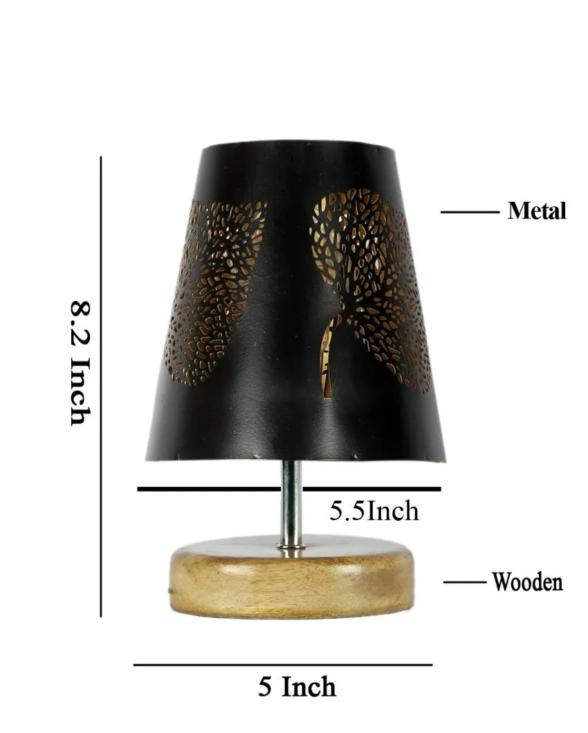 Leaf Metal Etching Table Lamp With Natural Wood Round Base