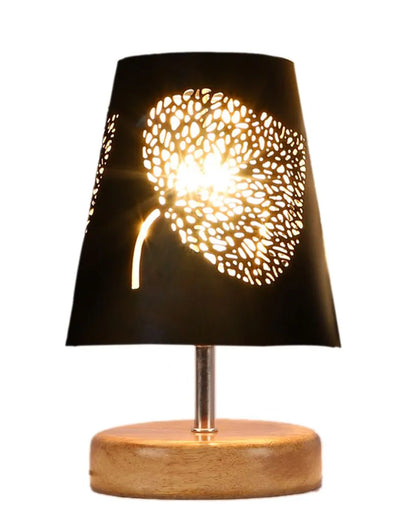 Leaf Metal Etching Table Lamp With Natural Wood Round Base