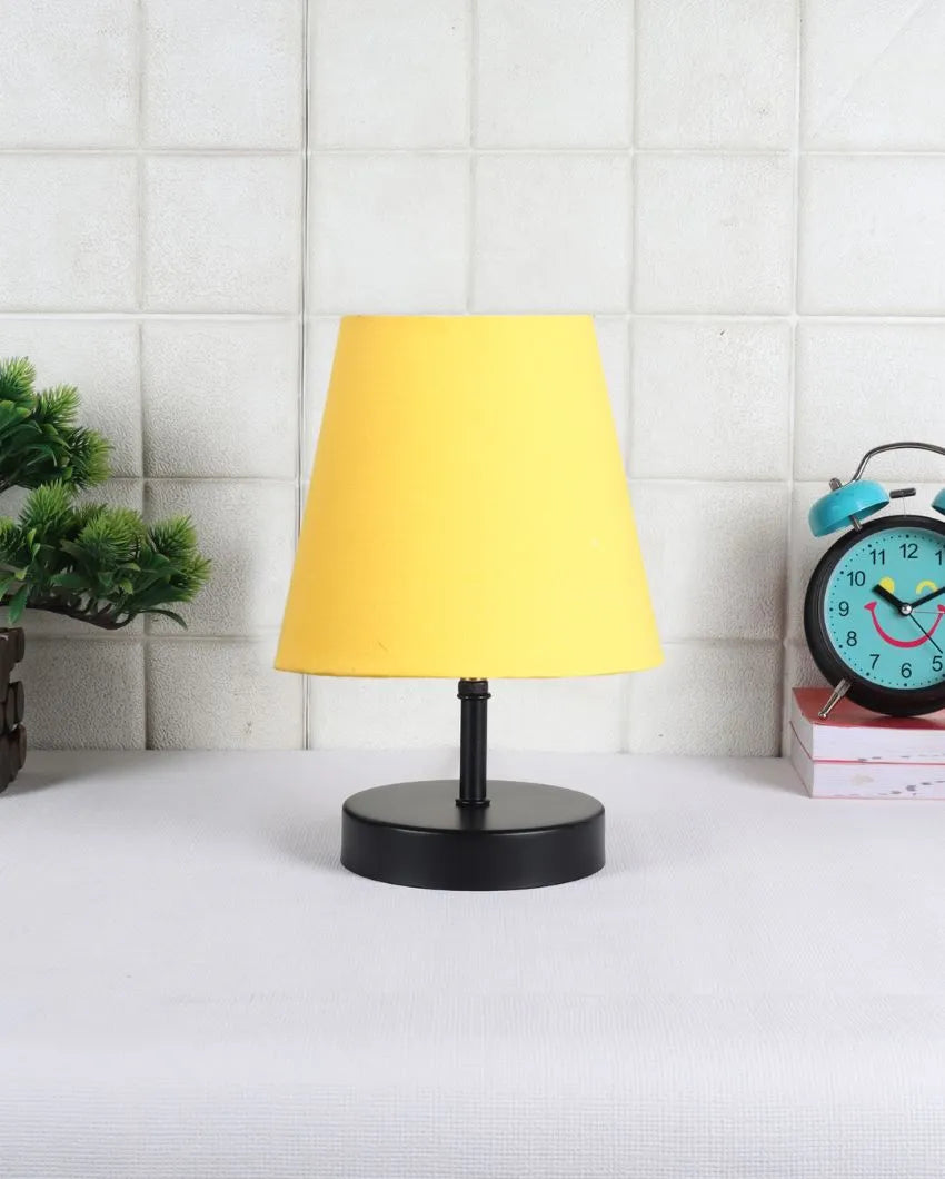 Cotton Round Wooden Black Base Table Lamp Yellow