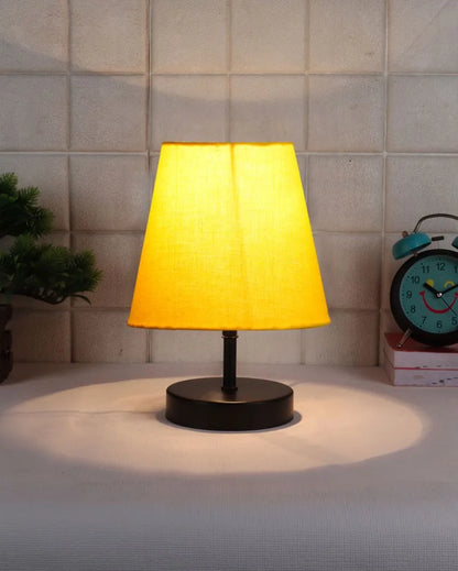 Cotton Round Wooden Black Base Table Lamp Yellow