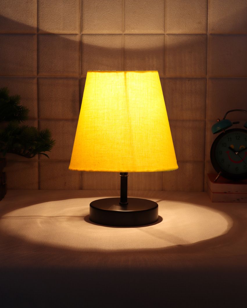 Cotton Round Wooden Black Base Table Lamp Yellow