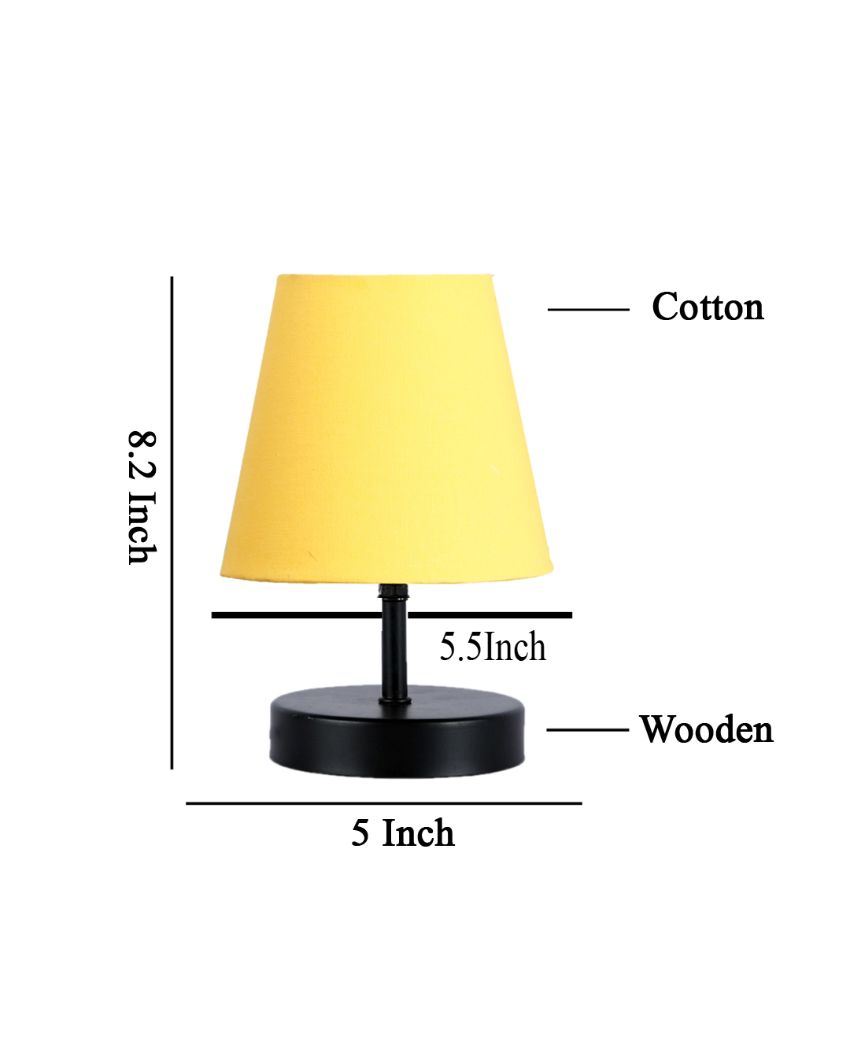 Cotton Round Wooden Black Base Table Lamp Yellow