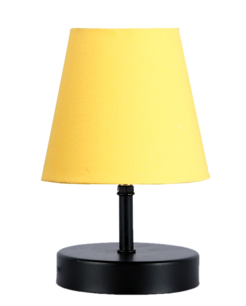 Cotton Round Wooden Black Base Table Lamp Yellow