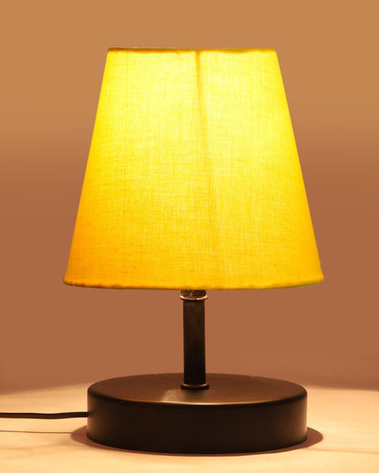 Cotton Round Wooden Black Base Table Lamp Yellow