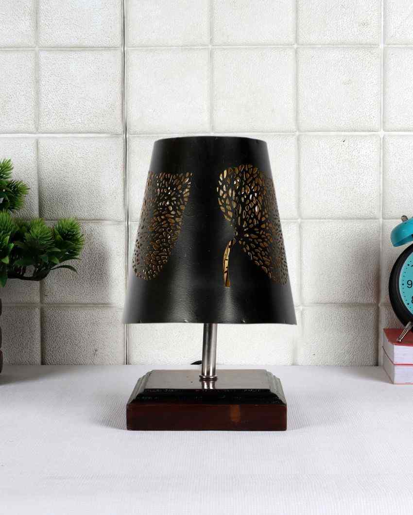 Leaf Metal Etching Table Lamp With Brown Wood Square Base