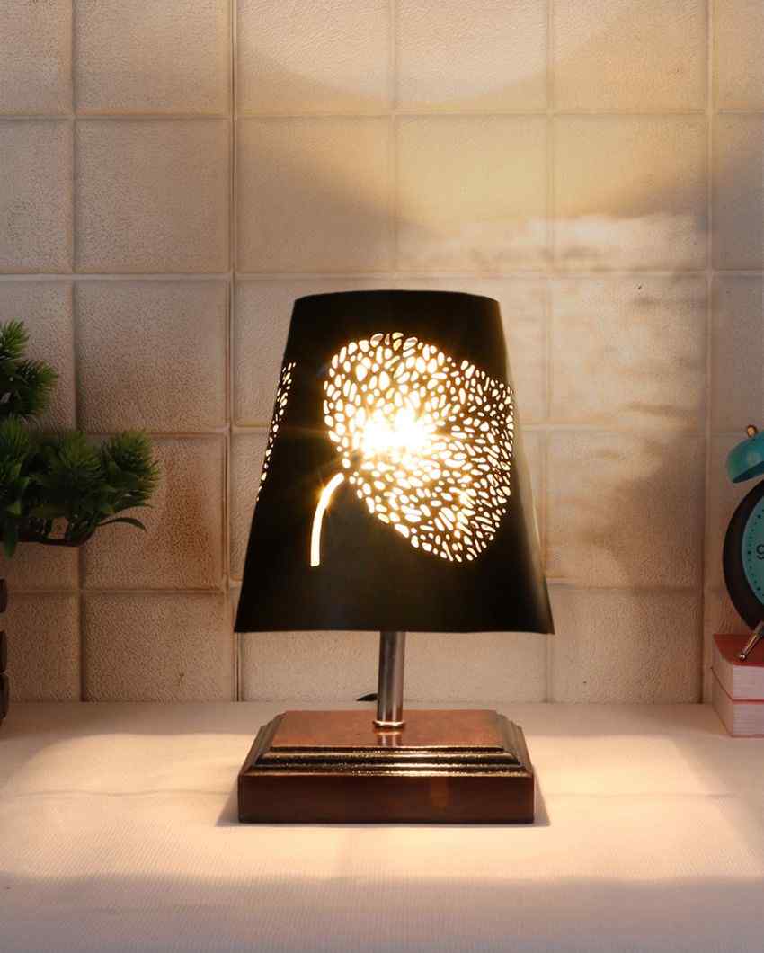 Leaf Metal Etching Table Lamp With Brown Wood Square Base