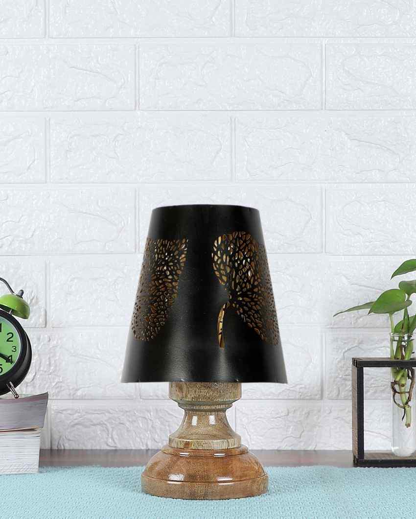 Leaf Metal Etching Table Lamp With Natural Wood Round Base