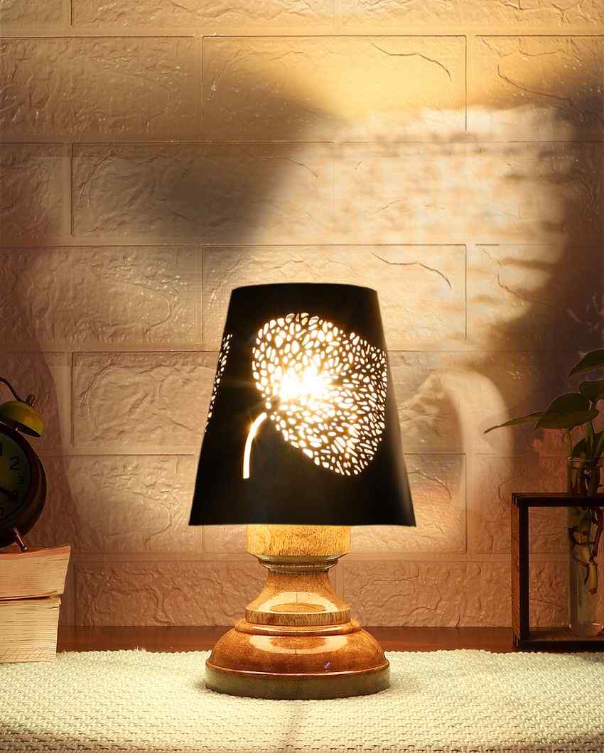 Leaf Metal Etching Table Lamp With Natural Wood Round Base