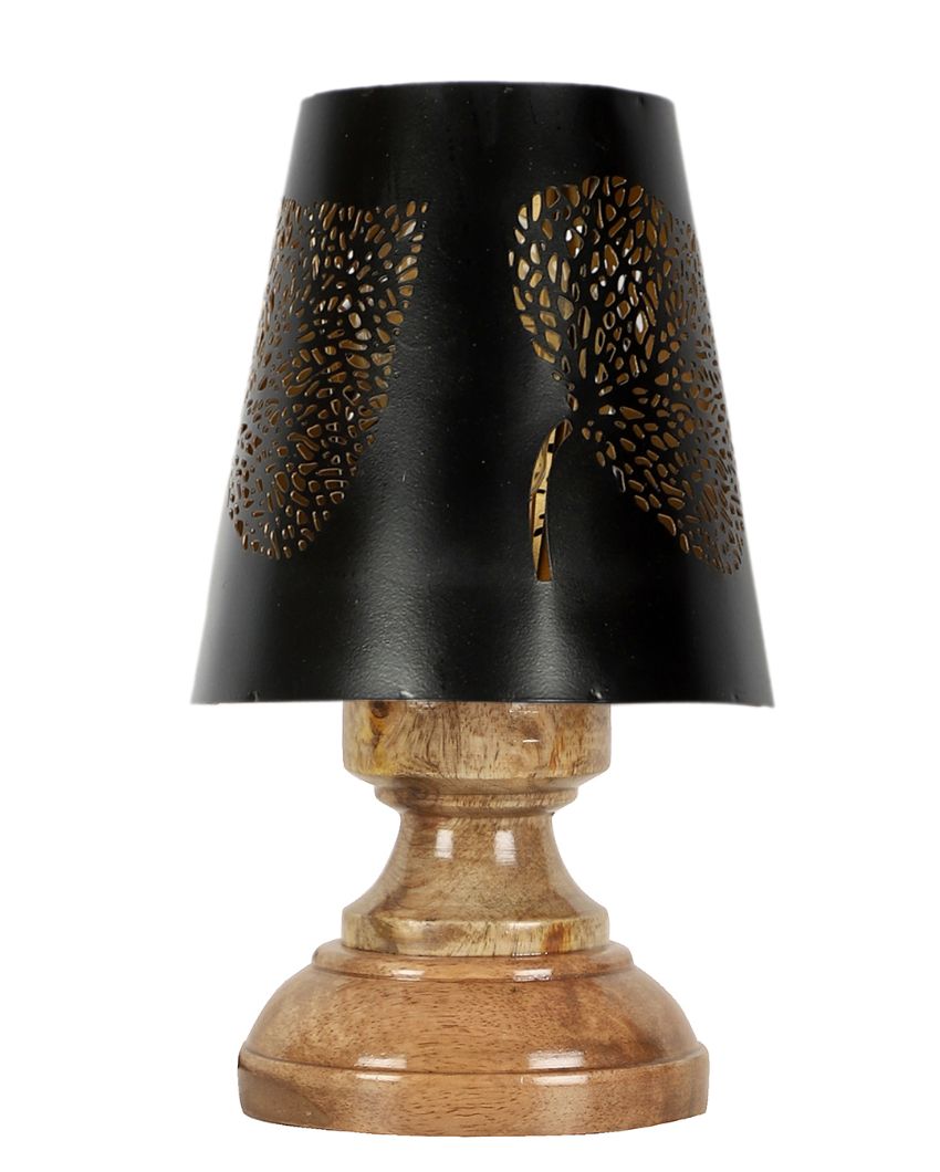 Leaf Metal Etching Table Lamp With Natural Wood Round Base
