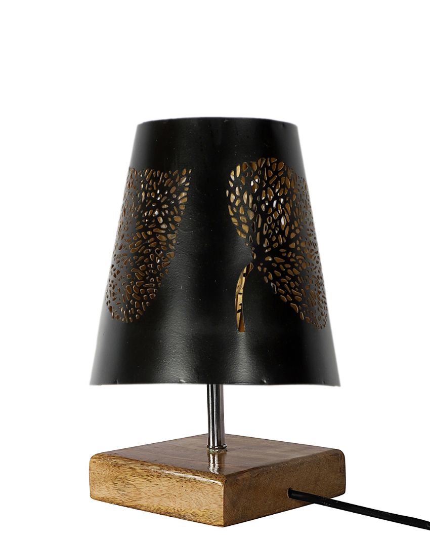 Leaf Metal Etching Table Lamp With Natural Wood Square Base