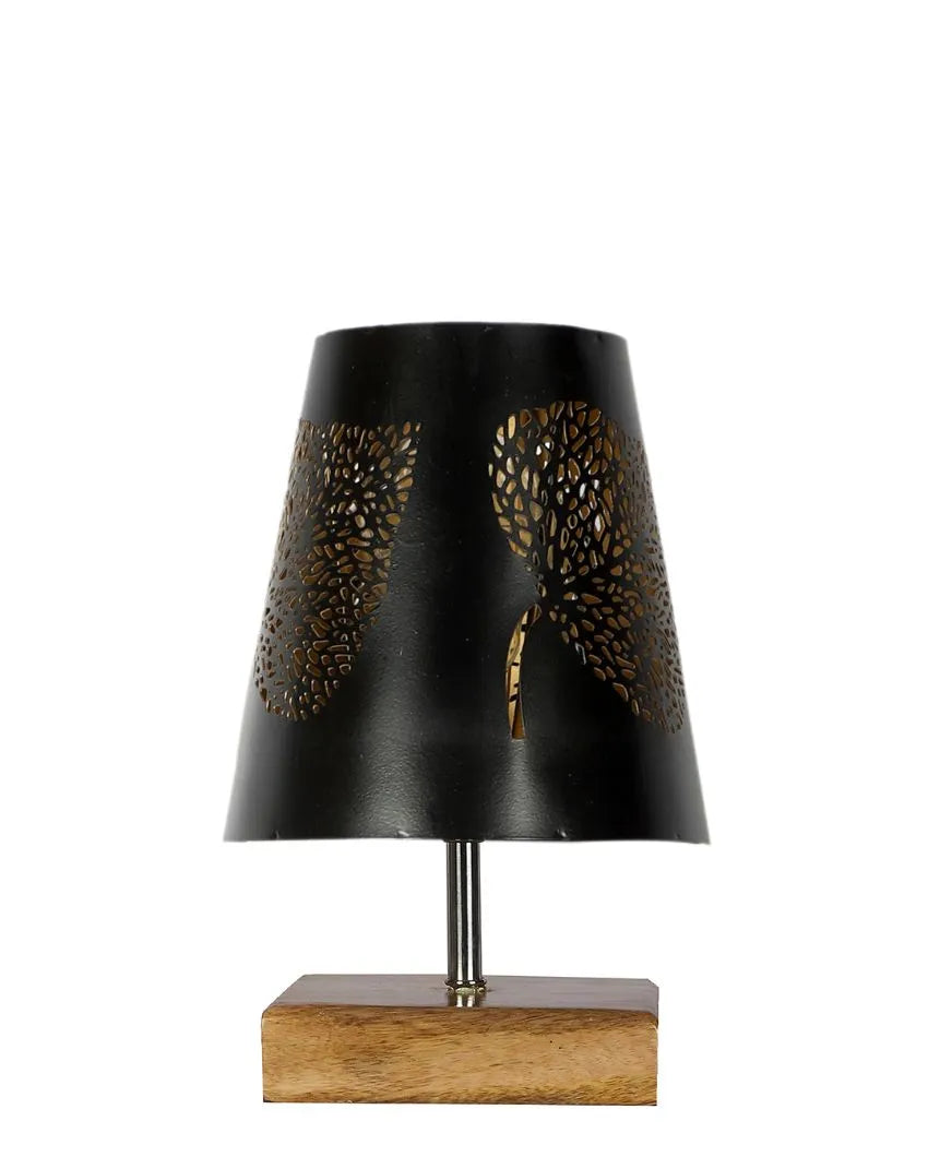 Leaf Metal Etching Table Lamp With Natural Wood Square Base