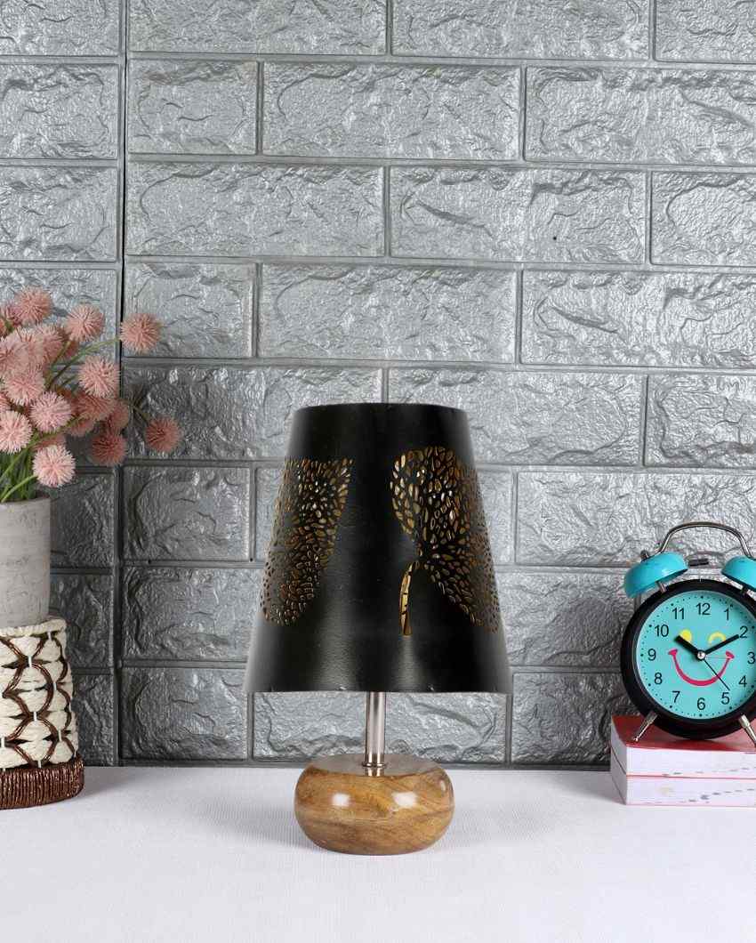 Leaf Metal Etching Table Lamp With Natural Wood Round Base
