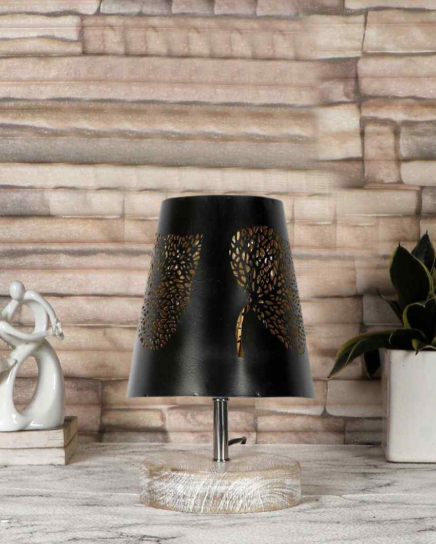 Leaf Metal Etching Table Lamp With White Brushed Wood Round Base