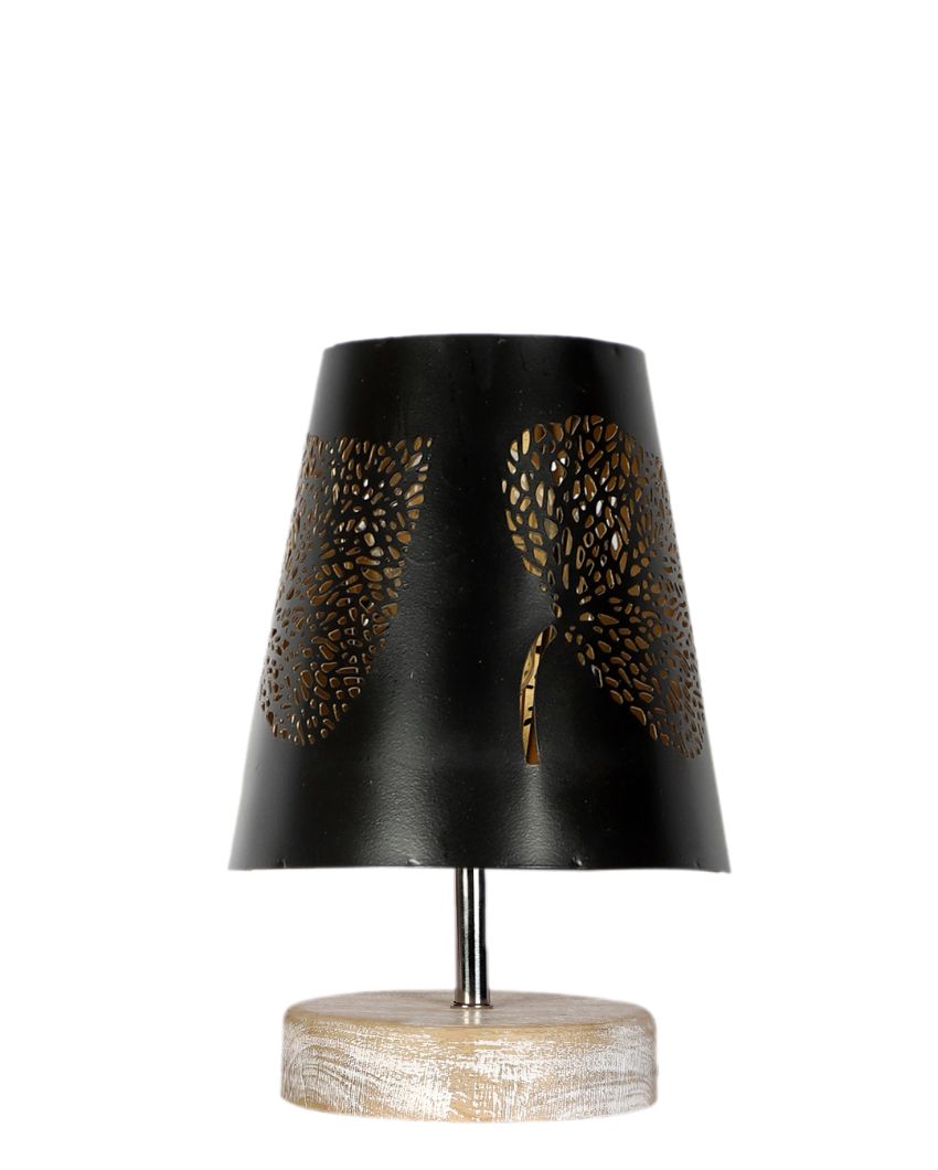 Leaf Metal Etching Table Lamp With White Brushed Wood Round Base