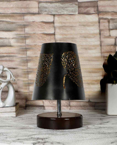 Leaf Metal Etching Table Lamp With Brown Wood Round Base