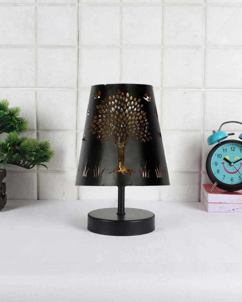 Tree Metal Etching Table Lamp With Black Wood Round Base