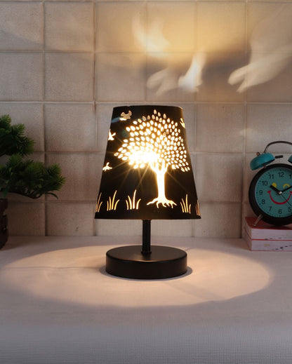 Tree Metal Etching Table Lamp With Black Wood Round Base