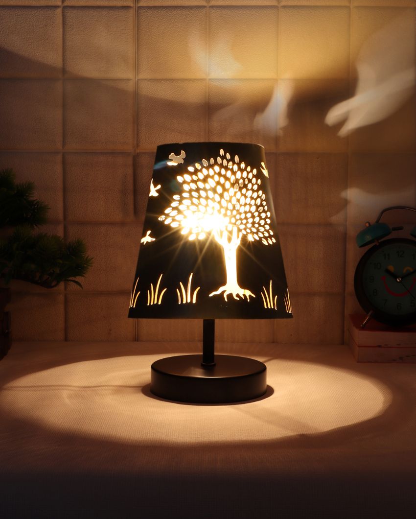 Tree Metal Etching Table Lamp With Black Wood Round Base