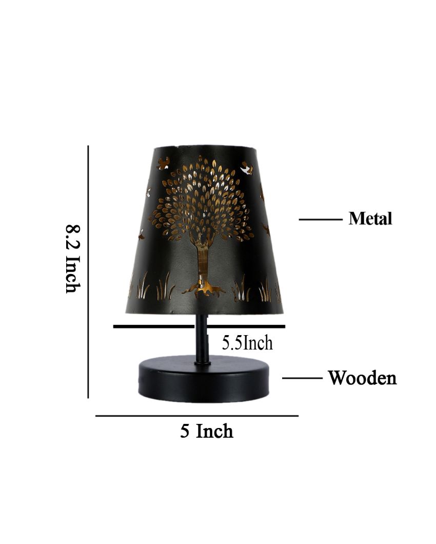 Tree Metal Etching Table Lamp With Black Wood Round Base