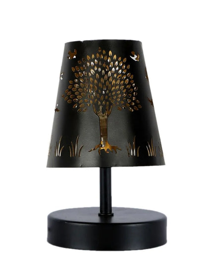 Tree Metal Etching Table Lamp With Black Wood Round Base